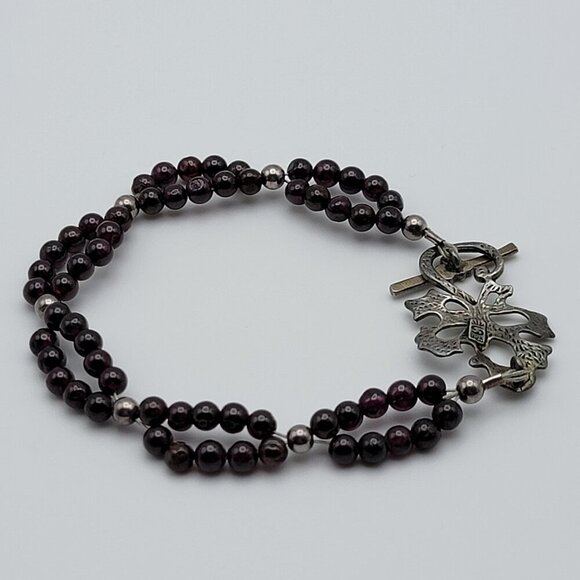 Vintage Sterling Silver Garnet Beaded Bracelet 7.5 In Leaf Toggle Clasp Native - Picture 2 of 9